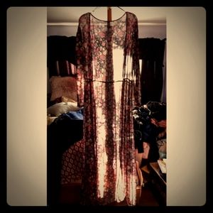 Long chiffon sinched waist floral cardigan